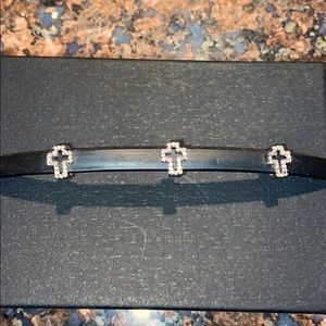 Sterling silver cz cross Black rubber bracelet 7”